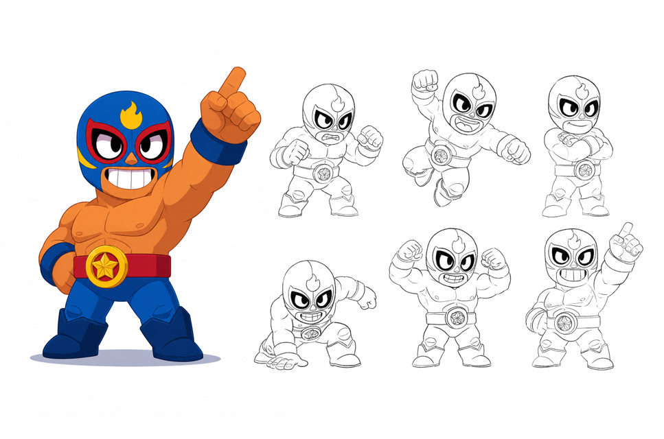 Luchador Fighter — Game Character Design & Pose Sheet